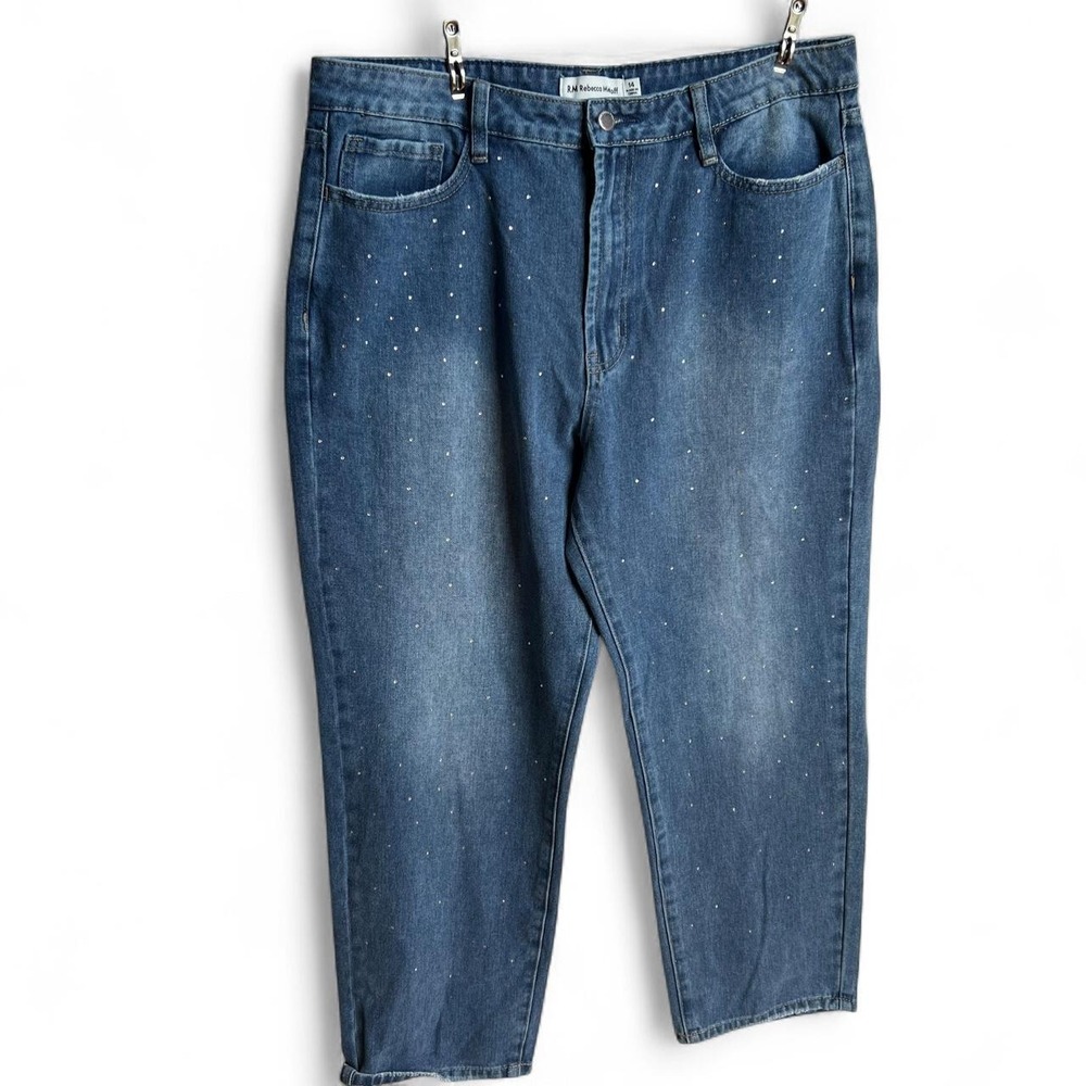 Rebecca Minkoff blue denim straight leg jeans with bedazzled rhinestone Size 14